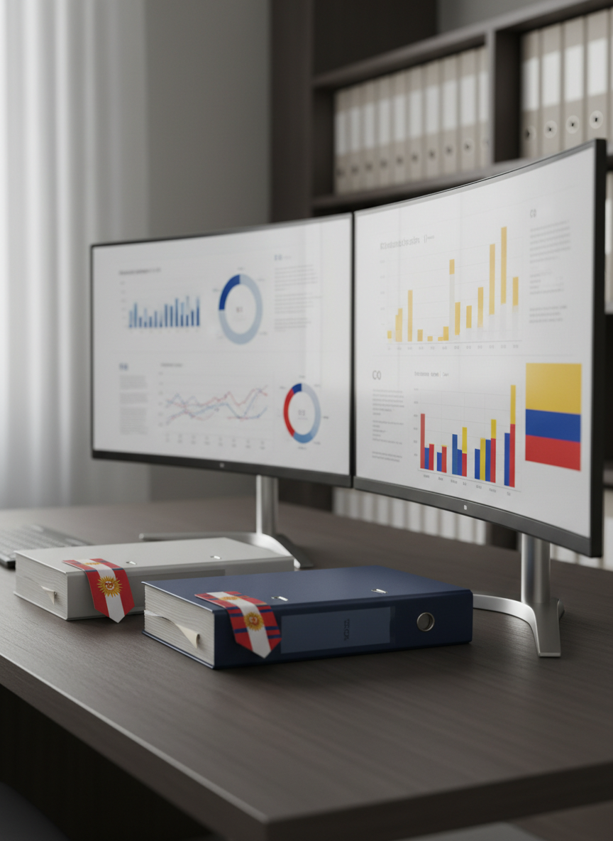 A sleek, modern workstation dedicated to Andean tax analysis, with dual ultra-wide monitors displaying detailed but non-readable charts labeled subtly with Peruvian and Colombian color cues. A small Peruvian flag-colored bookmark and a Colombian-inspired folder tab rest beside a stack of neatly organized legal-style binders. The desk surface is dark wood with a matte texture, set in a minimalist office with a blurred bookshelf of neutral binders in the background. Soft, diffused daylight from an unseen window creates gentle reflections on the screens and subtle shadows along the desk edge. Photographic realism, eye-level composition, clean and professional mood, with shallow depth of field to keep focus on the analytical, international tax environment.