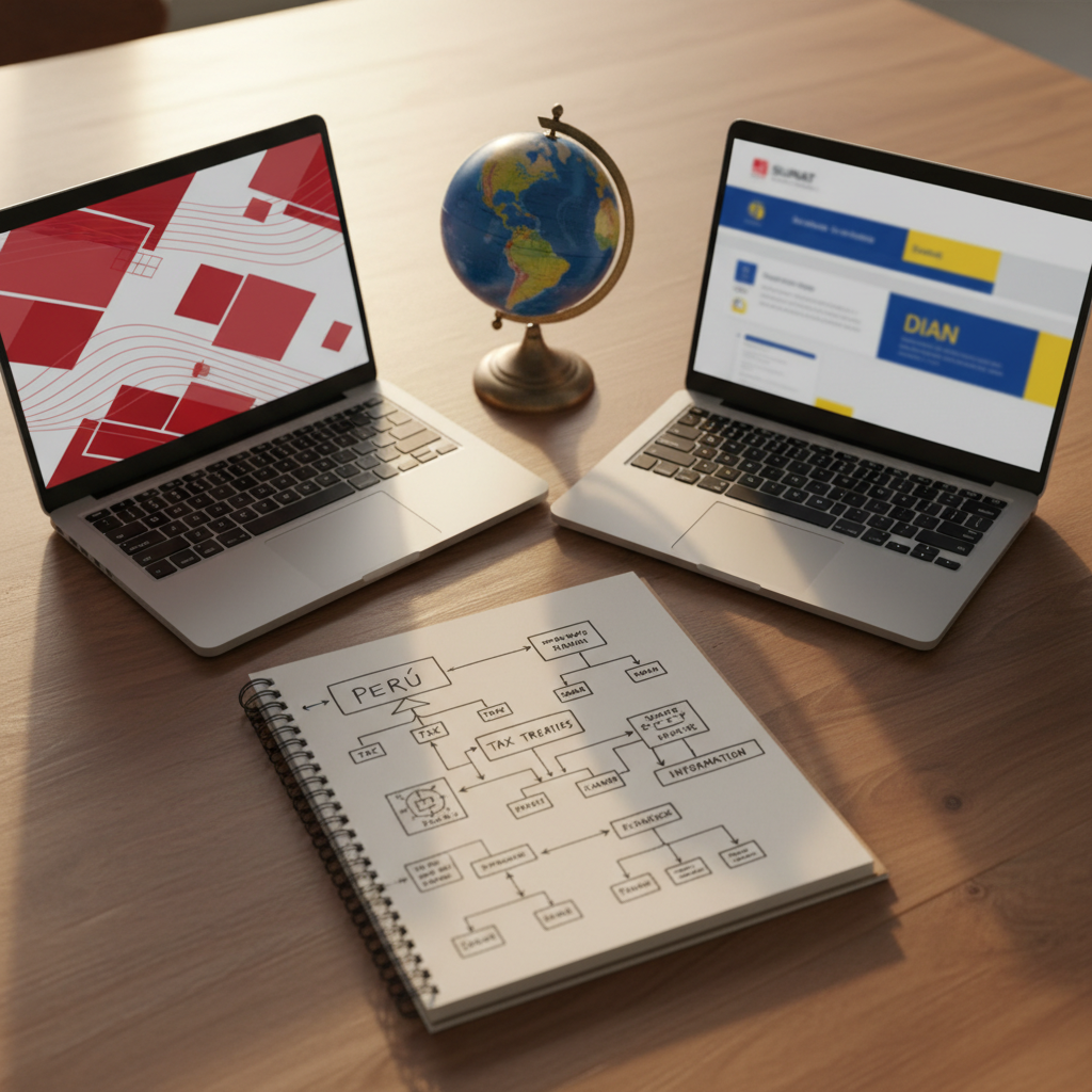 A detailed tabletop scene with two open laptops facing each other, one showing stylized, non-text graphics inspired by SUNAT forms in red and white tones, the other with DIAN-style blue and yellow interface elements, both blurred enough to avoid legible text. Between them lies an open notebook with neatly drawn diagrams about Peru–Colombia tax interactions, and a small globe highlighting South America. Warm afternoon light from the side creates clear, professional shadows and subtle paper textures. Photographic realism, shot from a 45-degree angle with rule-of-thirds composition, conveying structured comparison of tax systems and a collaborative, binational analysis mood.
