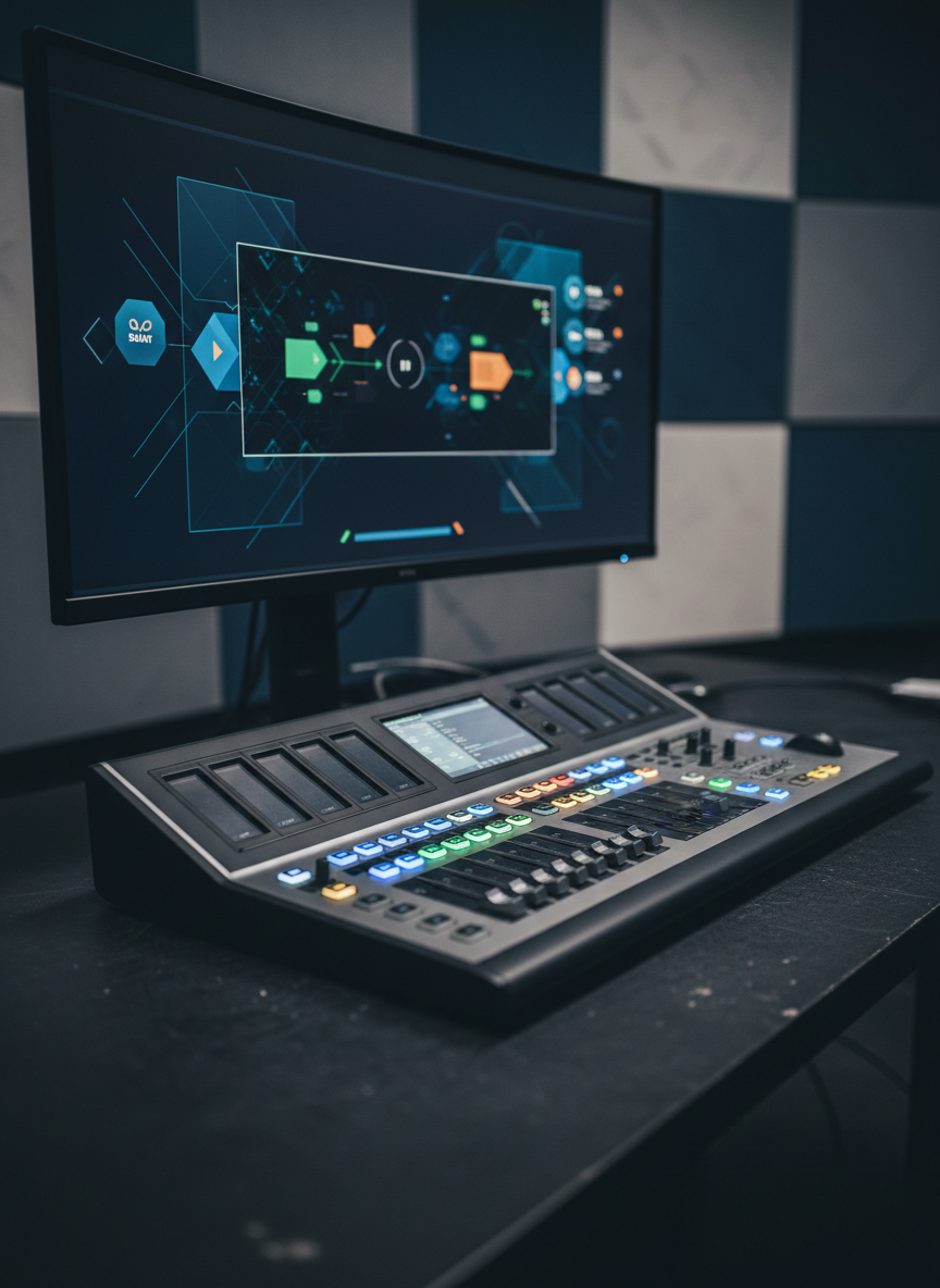 A cinematic close-up of a professional editing console and large monitor showing a paused frame of a tax explainer video, with abstract graphics hinting at SUNAT and DIAN interfaces without any readable text. The control surface has colorful illuminated buttons and smooth metal faders, resting on a dark, textured studio desk. Behind, acoustic panels form a geometric pattern on the walls in muted grays and blues. Controlled studio lighting creates a cool, focused atmosphere, with a soft key light highlighting the monitor and a gentle rim light defining the console edges. Shot from a slightly elevated angle with a shallow depth of field, emphasizing the video-focused nature of the tax analysis platform.